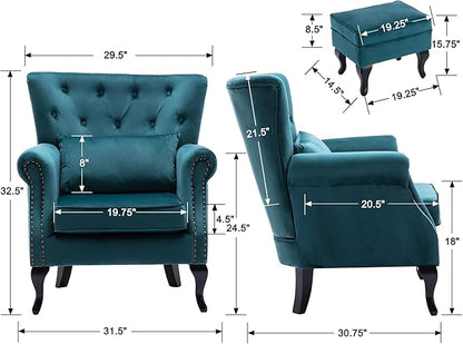 chairus Mid-Century Modern Accent Chair with Ottoman, Comfy Velvet Single Sofa Chair Button Tufted Wingback Armchair with Pillow for Living Room/Bedroom/Club - Teal