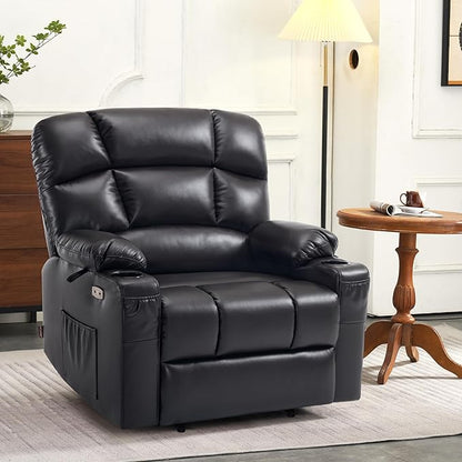 MCombo Oversized Dual Motor Power Lift Recliner Chair Sofa with Massage and Heat for Big Elderly People, Infinite Position, USB Ports, Faux Leather R7677 (Black, Medium-Oversize)