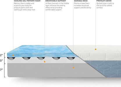 Amazon Basics Gel Memory Foam Mattress, Medium Firm, Cooling, Twin Size Mattress, CertiPUR-US® Certified Foam, 75 x 39 x 12 inches, White/Gray