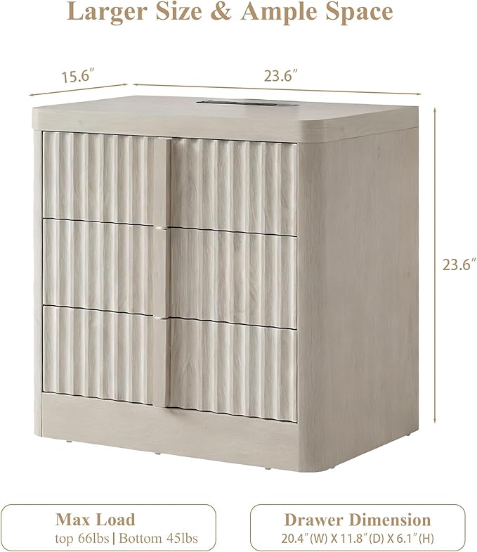 23.6" Nightstand with Charging Station, Side Table with 3 Large Storage Drawers, Mid Century Modern Night Stand with Solid Wood Handle, Bedside End Table for Bedroom, Living Room, Closet