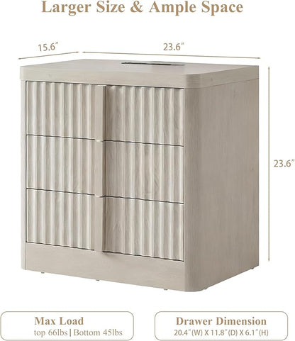 23.6" Nightstand with Charging Station, Side Table with 3 Large Storage Drawers, Mid Century Modern Night Stand with Solid Wood Handle, Bedside End Table for Bedroom, Living Room, Closet