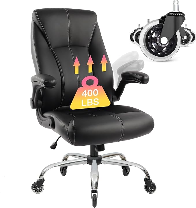 Big and Tall Office Chair for Heavy People, Executive Desk Computer Chair Adjustable Flip-up Armrests, PU Leather Swivel Task Chair with Ergonomic High Back and Lumbar Support