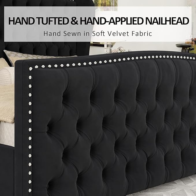 AMERLIFE California King Size Platform Bed Frame, Velvet Upholstered Bed with Deep Button Tufted & Nailhead Trim Wingback Headboard/No Box Spring Needed,Black