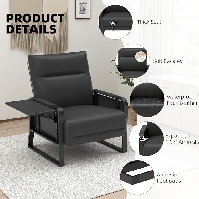 Upholstered Accent Chair, Modern Faux Leather Sofa Chair with Foldable Side Tray Table & Storage Pocket, Small Accent Sofa for Living Room, Bedroom, Reception Room, Black