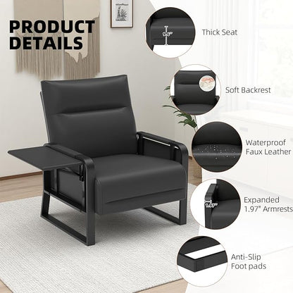 Upholstered Accent Chair, Modern Faux Leather Sofa Chair with Foldable Side Tray Table & Storage Pocket, Small Accent Sofa for Living Room, Bedroom, Reception Room, Black