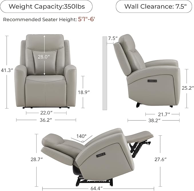 CHITA Genuine Leather Power Recliner Chair for Adults, Super Zero Gravity Recliner with Adjustable Power Headrest & USB/Type-C Ports, for Living Room, Bedroom & Home Theater, Light Gray