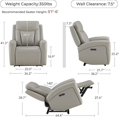 CHITA Genuine Leather Power Recliner Chair for Adults, Super Zero Gravity Recliner with Adjustable Power Headrest & USB/Type-C Ports, for Living Room, Bedroom & Home Theater, Light Gray
