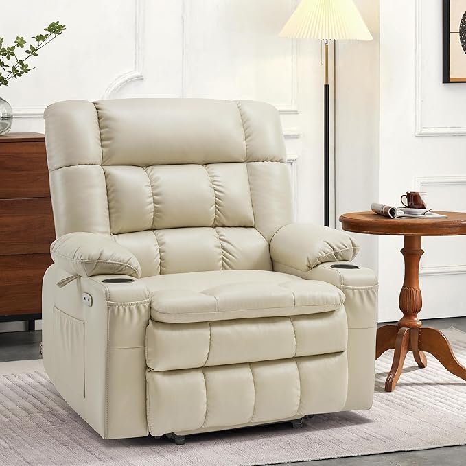 MCombo Dual Motor Power Lift Recliner Chair for Elderly, Lay Flat Lift Chair with Heat and Massage, Extra Wide Lift Recliner for Big People, Cup Holders, Faux Leather R7897 (Cream White, Medium-Wide)