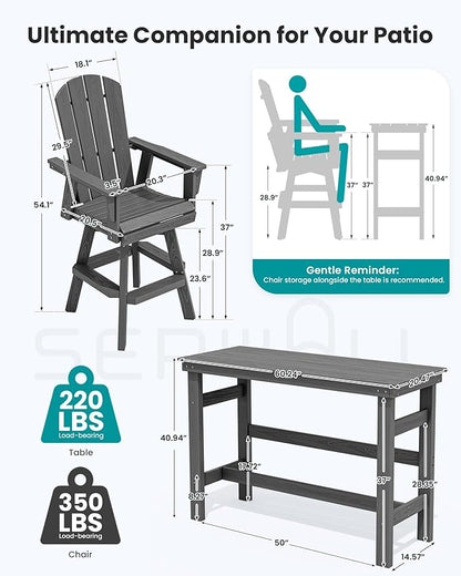 SERWALL 3-Piece Swivel Adirondack Bar Set, HDPE Swivel Bar Height Chairs Set of 2 with Bar Table, All-Weather Outdoor Barstools for Patio, Poolside, Garden, Grey