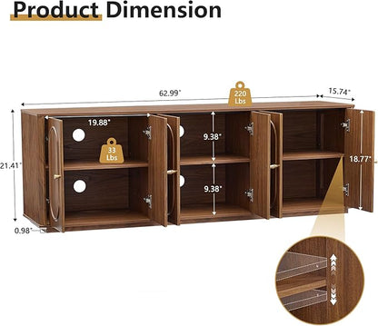 63'' Fluted Sideboard Buffet Cabinet with Storage and 6 Doors, Low Storage Cabinet Modern Wooden Accent Credenza Console Table for Kitchen Dining Living Room Entryway, (63"W*15.75"D*21.4"H) Walnut