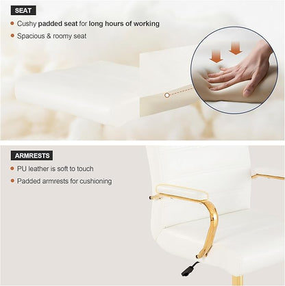 White and Gold Office Desk Chair, Modern Leather Conference Room Chairs, High Back Ergonomic Home ofiice Chair, Adjustable Height Swivel Executive Computer Chair with Padded Seat and Armrest