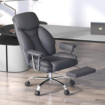 Big and Tall Office Chair, Executive Home Office Desk Chair, Comfy Leather High-Back Reclining Computer Chair with Retractable Footrest and Padded Arms, 360°Swivel Rolling Wheels, Wide Seat, Gray