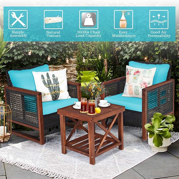 COSTWAY 3 Pieces Wicker Patio Furniture Set, Outdoor Wicker Sofa with Acacia Wood Frame, Coffee Table & Washable Cushions, Rattan Conversation Sets for Yard, Porch, Bistro Balcony Backyard, Turquoise