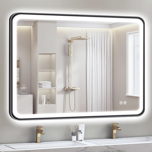 S'bagno 40X28 Black LED Mirror for Bathroom with Frontlit & Backlit, LED Bathroom Mirror with Metal Frame, Anti-Fog, Stepless Dimmable, 3 Colors Temperature LED Vanity Mirror(Horizontal/Vertical)
