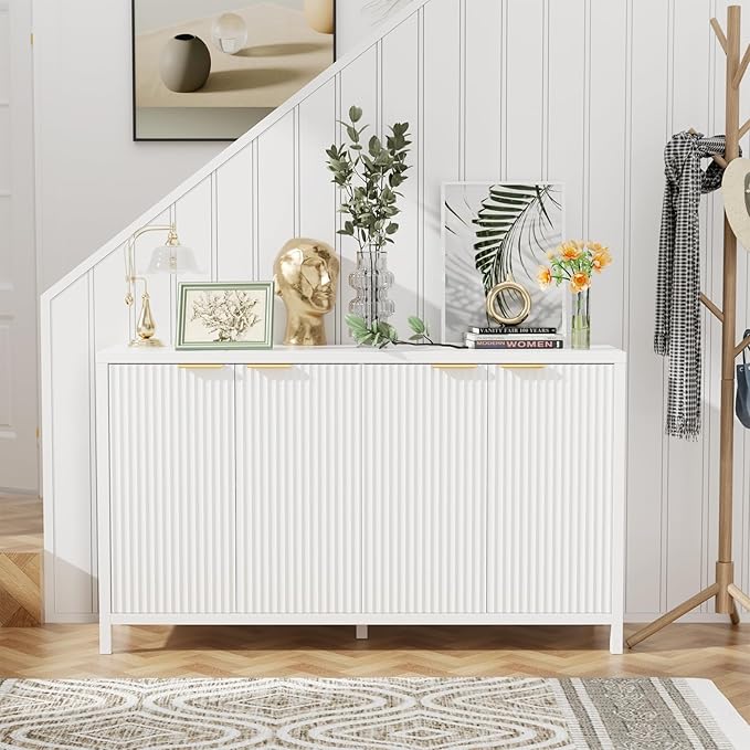Fluted Sideboard Buffet Cabinet, 55" Large Storage Buffet Cabinet with 4 Doors and Adjustable Shelves, Modern Sideboard Console Table for Living Room,Entryway,Dinning Room,Kitchen-White