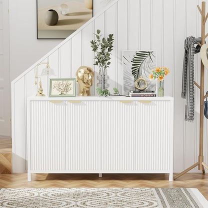 Fluted Sideboard Buffet Cabinet, 55" Large Storage Buffet Cabinet with 4 Doors and Adjustable Shelves, Modern Sideboard Console Table for Living Room,Entryway,Dinning Room,Kitchen-White
