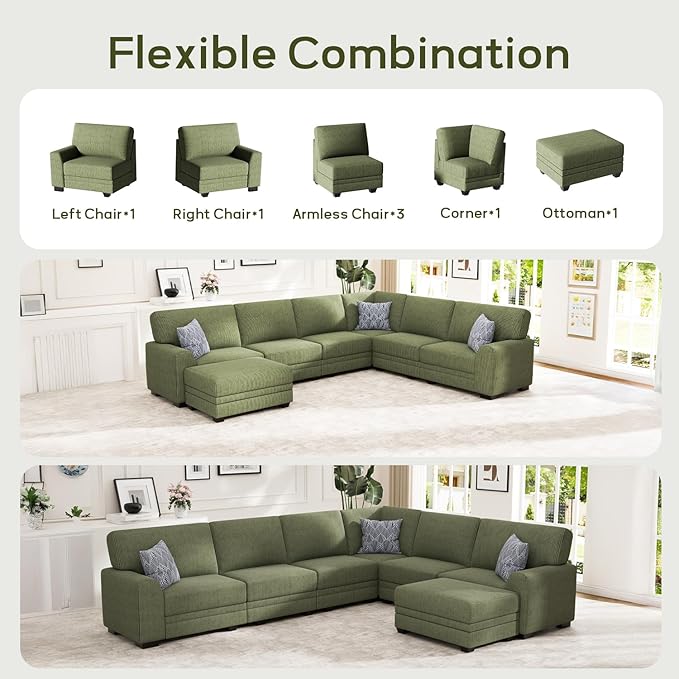 Wanderwell Oversized Modular Sectional Sofa, 6-Seater U Shaped Couches with Movable Ottoman,Corduroy Sectional Couch with Wide and Deep Seats Suitable for Living Room,Bedroom,Apartment (Olive, L-7)