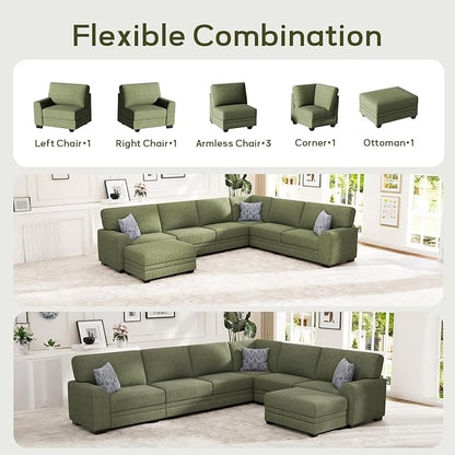 Wanderwell Oversized Modular Sectional Sofa, 6-Seater U Shaped Couches with Movable Ottoman,Corduroy Sectional Couch with Wide and Deep Seats Suitable for Living Room,Bedroom,Apartment (Olive, L-7)
