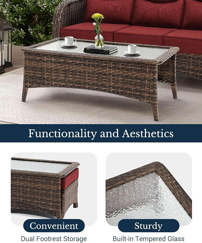 HILLGA Luxury Patio Furniture Set with 6-Inch Thick Cushions, High Back Outdoor Swivel Rocker Chairs and Patio Couch, 7-Piece All Weather Conversation Set for Porch Deck Pool Yard, Burgundy (V3)