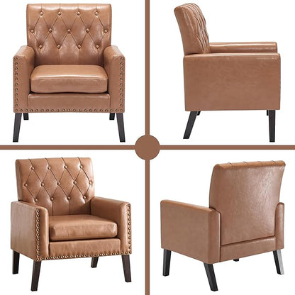 Mid Century Modern Accent Chair, Light Brown Faux Leather Office Chair for Reception - Brown Leather Club Chair for Living Room, Bedroom, or Waiting Room