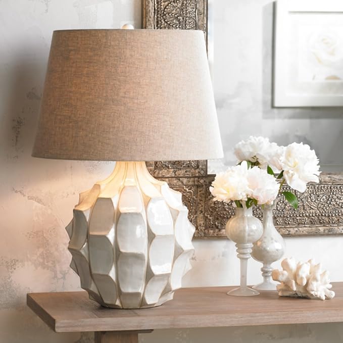 Possini Euro Design Cosgrove Mid Century Modern Table Lamp 26.5" High Ceramic White Glaze Light Brown Linen Drum Shade Decor for Living Room Bedroom House Bedside Nightstand Home (Color May Vary)