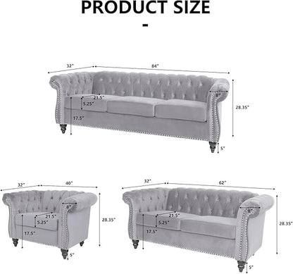 2 Piece Living Room Furniture Set, Velvet Loveseat and Chair Set, Mid Century Modern Upholstered Sofa Couch with Cushions, Comfy Tufted Chesterfield Couches for Living Room, Bedroom, Office