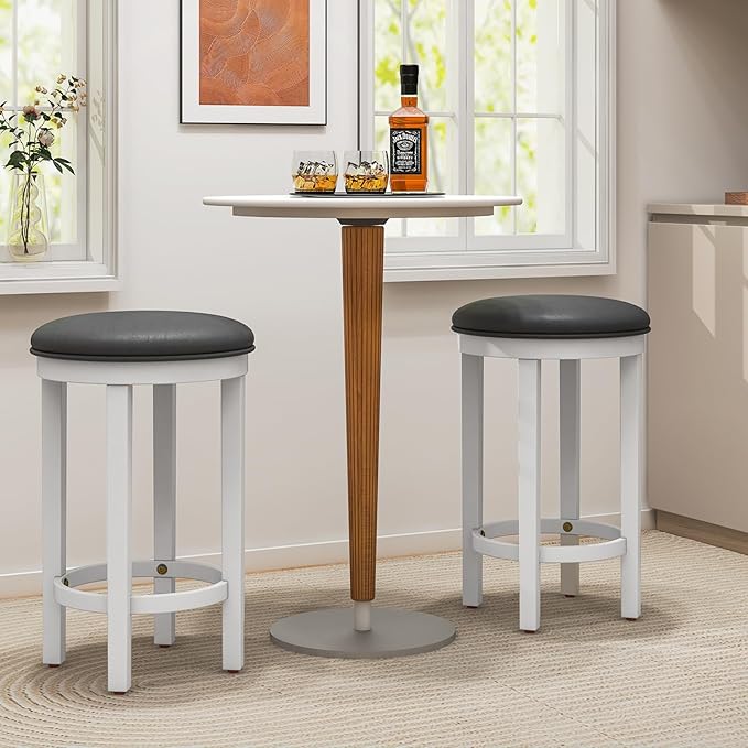 COSTWAY Upholstered Bar Stools Set of 4, 25” Counter Height Bar Chairs with Padded Cushion & Wooden Frame, Faux Leather Backless Stools for Kitchen, Dining Room, Pub, White + Grey