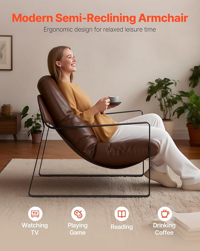 VEVOR Accent Chair, Modern PU Leather Armchair, Cozy Upholstered Chair, with Soft Foam Cushioning, Sturdy Metal Frame, and Detachable Cushion, for Living Room, Bedroom, Reading Room, Office, Brown