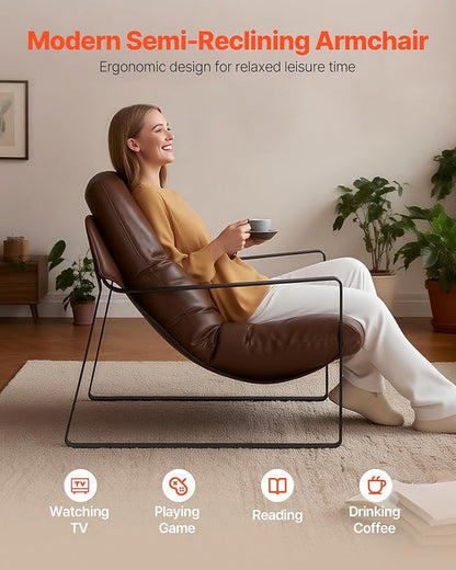 VEVOR Accent Chair, Modern PU Leather Armchair, Cozy Upholstered Chair, with Soft Foam Cushioning, Sturdy Metal Frame, and Detachable Cushion, for Living Room, Bedroom, Reading Room, Office, Brown