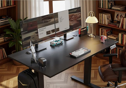 Seang Electric Height Adjustable Standing Desk, 55 x 24 Inch Sit-Stand Desk with T-Shaped Frame, 3 Memory Presets & Cable Management for Home Office Computer Workstation, Black Frame/Black Top