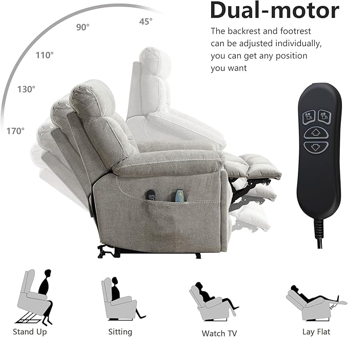 CANMOV Dual Motor Power Lift Recliner Chair for Elderly, 27" Extra-Wide Seat 450 lbs Weight Capacity Infinite Position Adjustment, with Heated Massage, Cup Holders and USB Port, Grey Fabric
