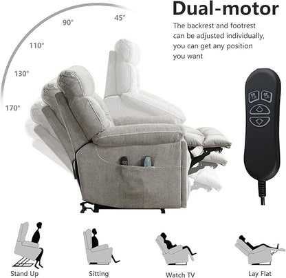 CANMOV Dual Motor Power Lift Recliner Chair for Elderly, 27" Extra-Wide Seat 450 lbs Weight Capacity Infinite Position Adjustment, with Heated Massage, Cup Holders and USB Port, Grey Fabric