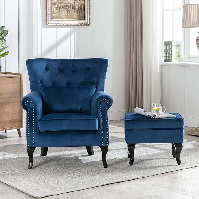 Accent Reading Arm Chairs with Ottoman for Living Room Bedroom, Midcentury Modern Comfy Corner Sofa Chair, Wingback Waiting Room Club Chair with Button Tufted Back &Lumbar Pillow, Velvet Blue