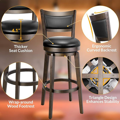 PrimeZone Swivel Bar Stools Set of 2, 32 Inch Tall Bar Height Barstools, Black Faux Leather Bar Stool with High Backrest & Solid Wood Legs & Wrap-Around Footrest, Counter Stools for Pub