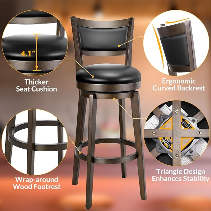 PrimeZone Swivel Bar Stools Set of 4, 32 Inch Tall Bar Height Barstools, Black Faux Leather Bar Stool with High Backrest & Solid Wood Legs & Wrap-Around Footrest, Counter Stools for Pub