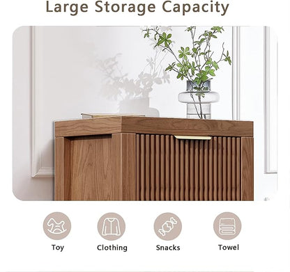 4-Drawer Modern Solid Wood Dresser with Fluted Front & Gold Handles, Multifunctional Tall Storage Chest, for Hallway, Entryway, Walnut Oak