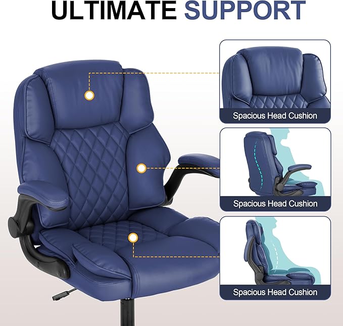 Office Desk Chair,Mid Back Executive Leather Chair,Ergonomic Home Computer Chair,Modern Conference Room Chairs with Adjustable Flip-Up Arms and Rocking Function (Navy Blue)