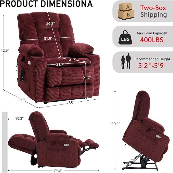 EONIX Dual Motor Lay Flat Power Lift Recliner Chair for Elderly, Electric Recliner Lift Chairs for Adults with Cup Holders, 400lbs Heavy Duty Power Recliner Sofa with Heat and Massage, Burgundy