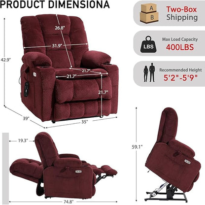 EONIX Dual Motor Lay Flat Power Lift Recliner Chair for Elderly, Electric Recliner Lift Chairs for Adults with Cup Holders, 400lbs Heavy Duty Power Recliner Sofa with Heat and Massage, Burgundy