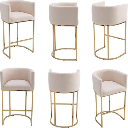 Contemporary Cream Linen Bar Stools Set of 3, 32" Upholstered Fabric Counter Height Barstool Kitchen Counter Island Stools with Golden Metal Base
