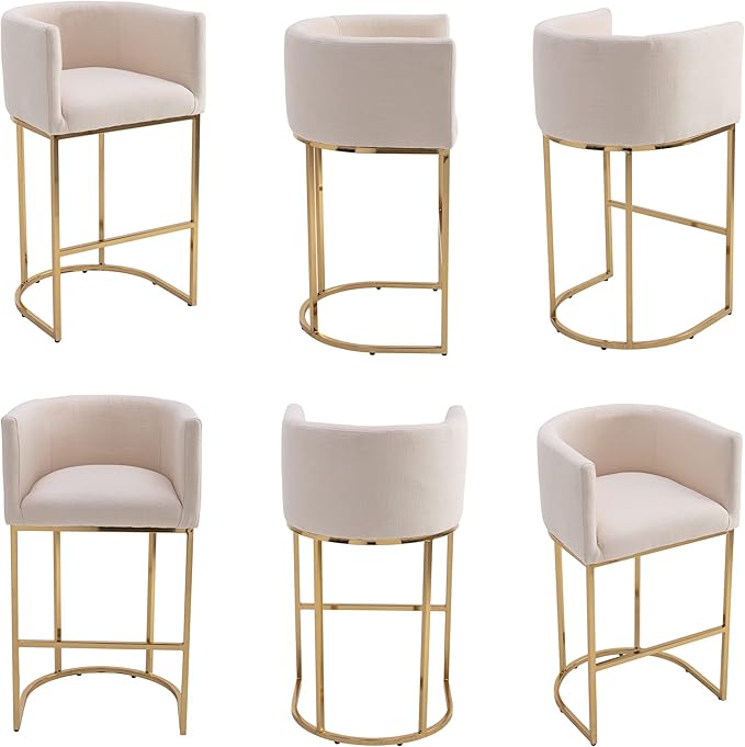 Contemporary Cream Linen Bar Stools Set of 4, 32" Upholstered Fabric Counter Height Barstool Kitchen Counter Island Stools with Golden Metal Base