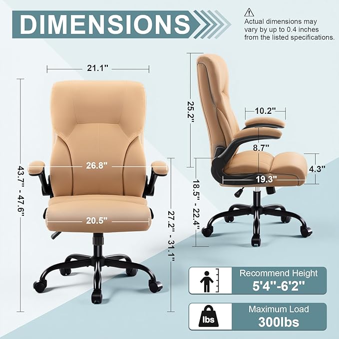 Executive Office Chair, High Back Ergonomic Comfy Desk Chair with Padded Flip-up Armrests and Wheels, PU Leather Heavy Duty Computer Swivel Rolling Task Chair for Home Office, Adults, Khaki