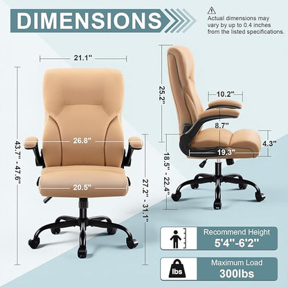 Executive Office Chair, High Back Ergonomic Comfy Desk Chair with Padded Flip-up Armrests and Wheels, PU Leather Heavy Duty Computer Swivel Rolling Task Chair for Home Office, Adults, Khaki