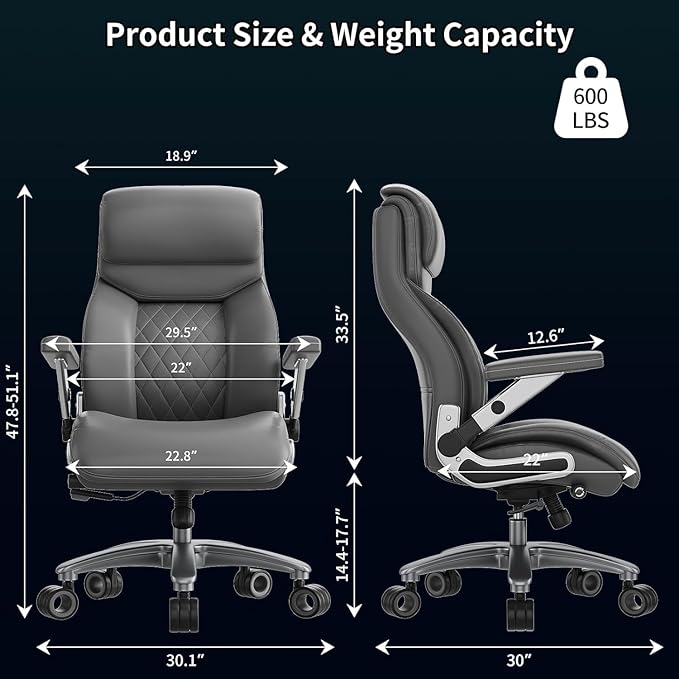 Big and Tall Office Chair with 5D Arms, 600lbs Heavy Duty Desk Chair with Adjustable Lumbar Support, PU Leather High Back Ergonomic Executive Computer Chair with 3'' Silent Casters