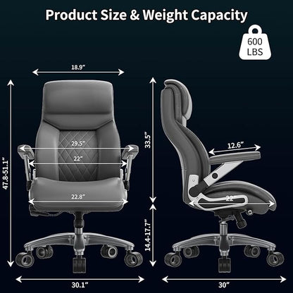 Big and Tall Office Chair with 5D Arms, 600lbs Heavy Duty Desk Chair with Adjustable Lumbar Support, PU Leather High Back Ergonomic Executive Computer Chair with 3'' Silent Casters