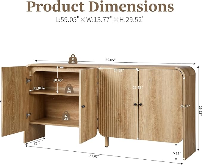 Fluted Sideboard Buffet Cabinet with Storage, 59'' Curved Buffet Cabinet with 4 Doors & Shleves, Modern Credenza Wood Coffee Bar Table Console for Dining Room Kitchen Living Room Entryway, Natural