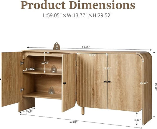 Fluted Sideboard Buffet Cabinet with Storage, 59'' Curved Buffet Cabinet with 4 Doors & Shleves, Modern Credenza Wood Coffee Bar Table Console for Dining Room Kitchen Living Room Entryway, Natural