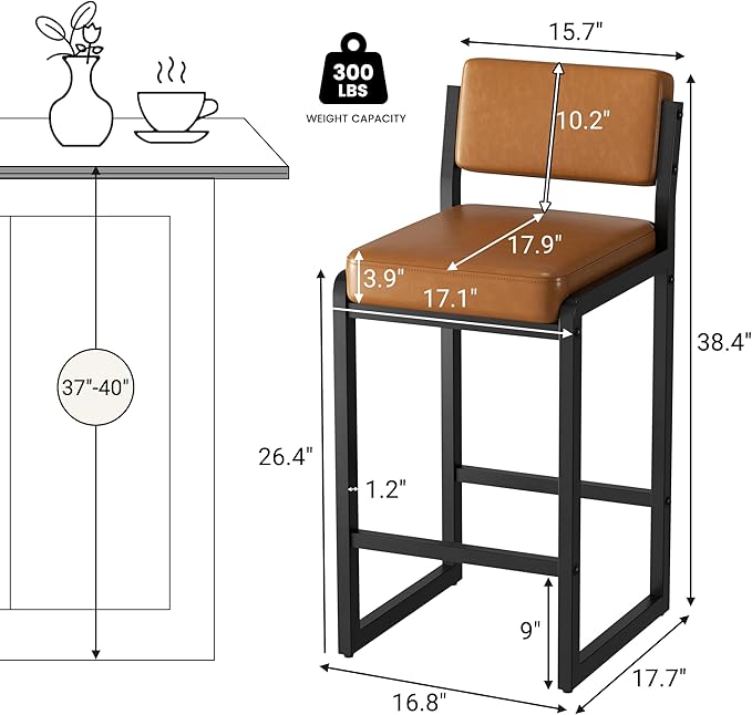 Bar Stools Set of 3, Faux Leather Counter Height Bar Stools with High Back and Metal Legs, Upholstered Bar Chairs, 26" Modern Barstools for Kitchen Island, Caramel