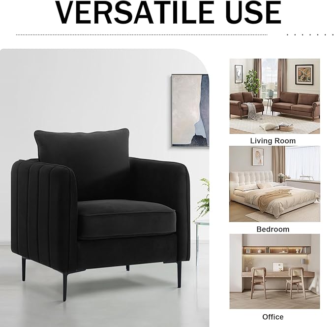 Velvet Accent Chair Set of 2, Comfy Upholstered Single Sofa Chair Mid-Century Modern Armchair with Thick Cushion and Wood Frame Side Chair for Living Room Bedroom Apartment (Black)