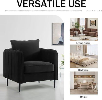 Velvet Accent Chair Set of 2, Comfy Upholstered Single Sofa Chair Mid-Century Modern Armchair with Thick Cushion and Wood Frame Side Chair for Living Room Bedroom Apartment (Black)